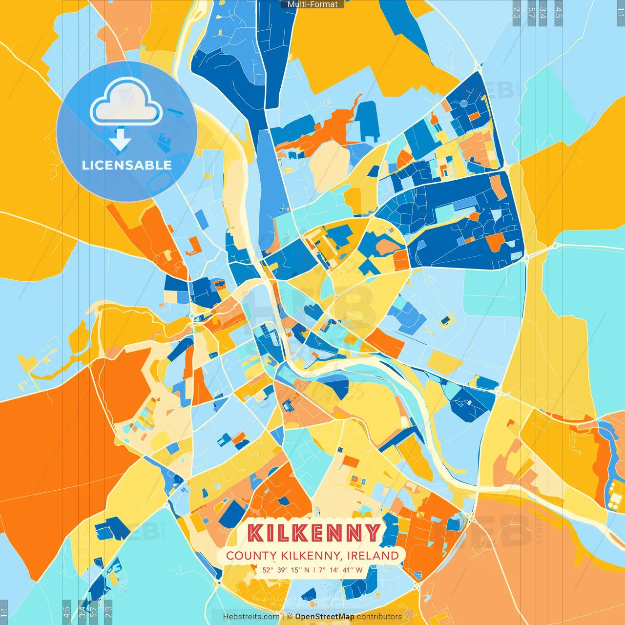 Kilkenny, County Kilkenny, Ireland blue and orange vector art map template
