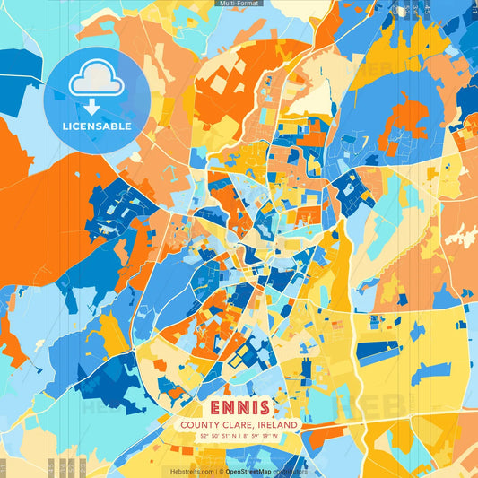 Ennis, County Clare, Ireland blue and orange vector art map template
