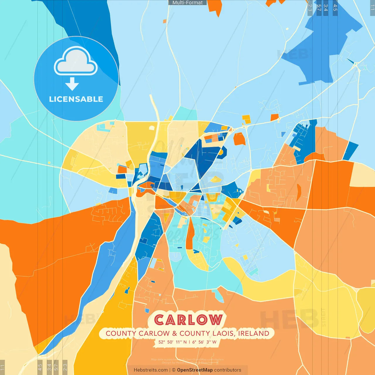 Carlow, County Carlow &amp; County Laois, Ireland blue and orange vector art map template