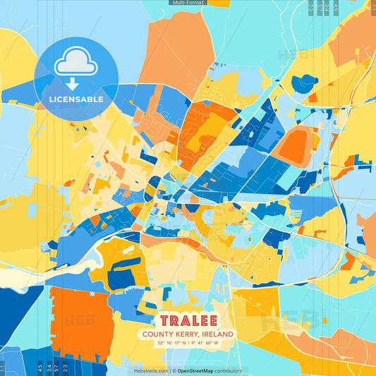 Tralee, County Kerry, Ireland blue and orange vector art map template