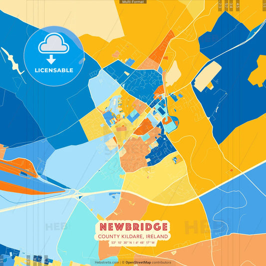 Newbridge, County Kildare, Ireland blue and orange vector art map template