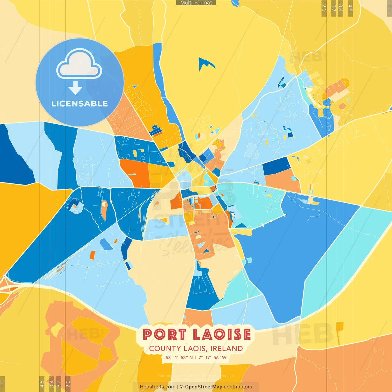 Port Laoise, County Laois, Ireland blue and orange vector art map template