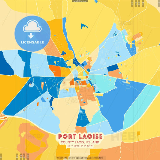 Port Laoise, County Laois, Ireland blue and orange vector art map template