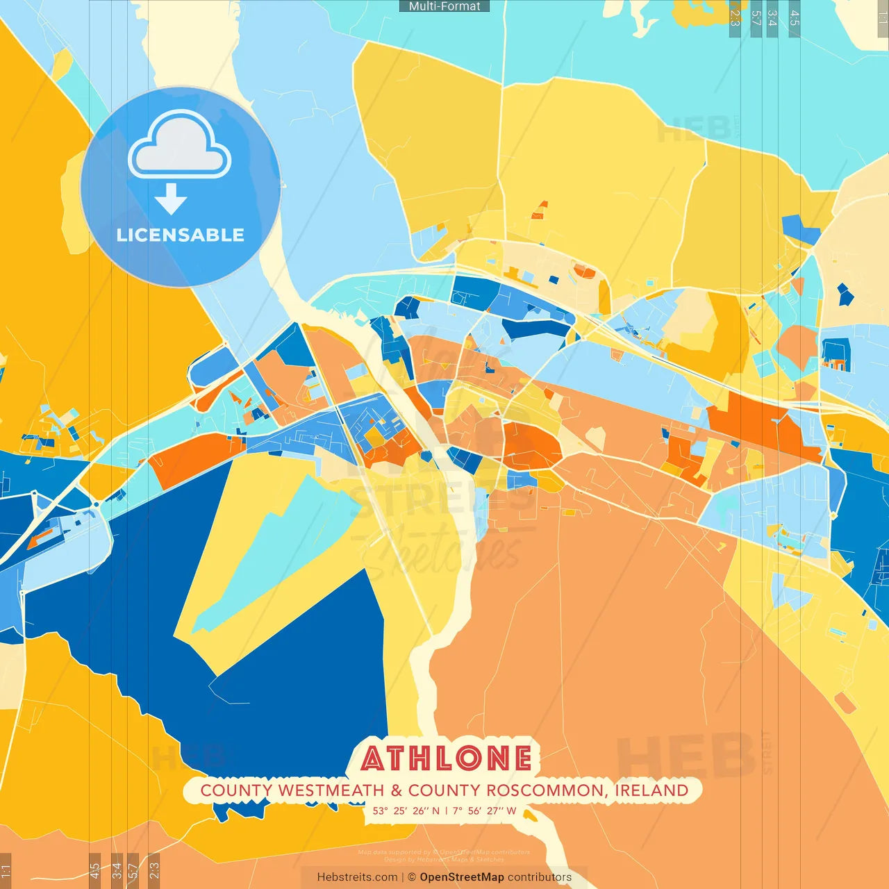 Athlone, County Westmeath &amp; County Roscommon, Ireland blue and orange vector art map template