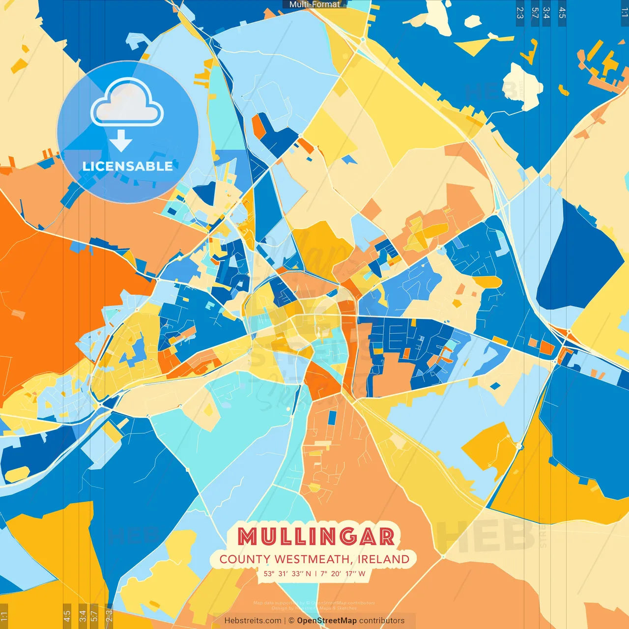 Mullingar, County Westmeath, Ireland blue and orange vector art map template