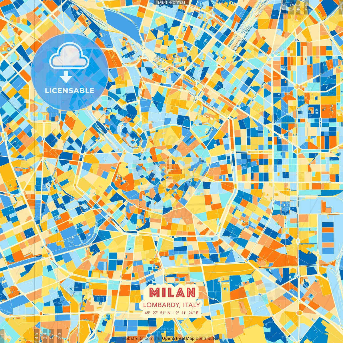 Milan, Lombardy, Italy blue and orange vector art map template