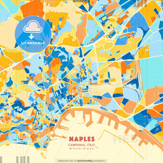 Naples, Campania, Italy blue and orange vector art map template