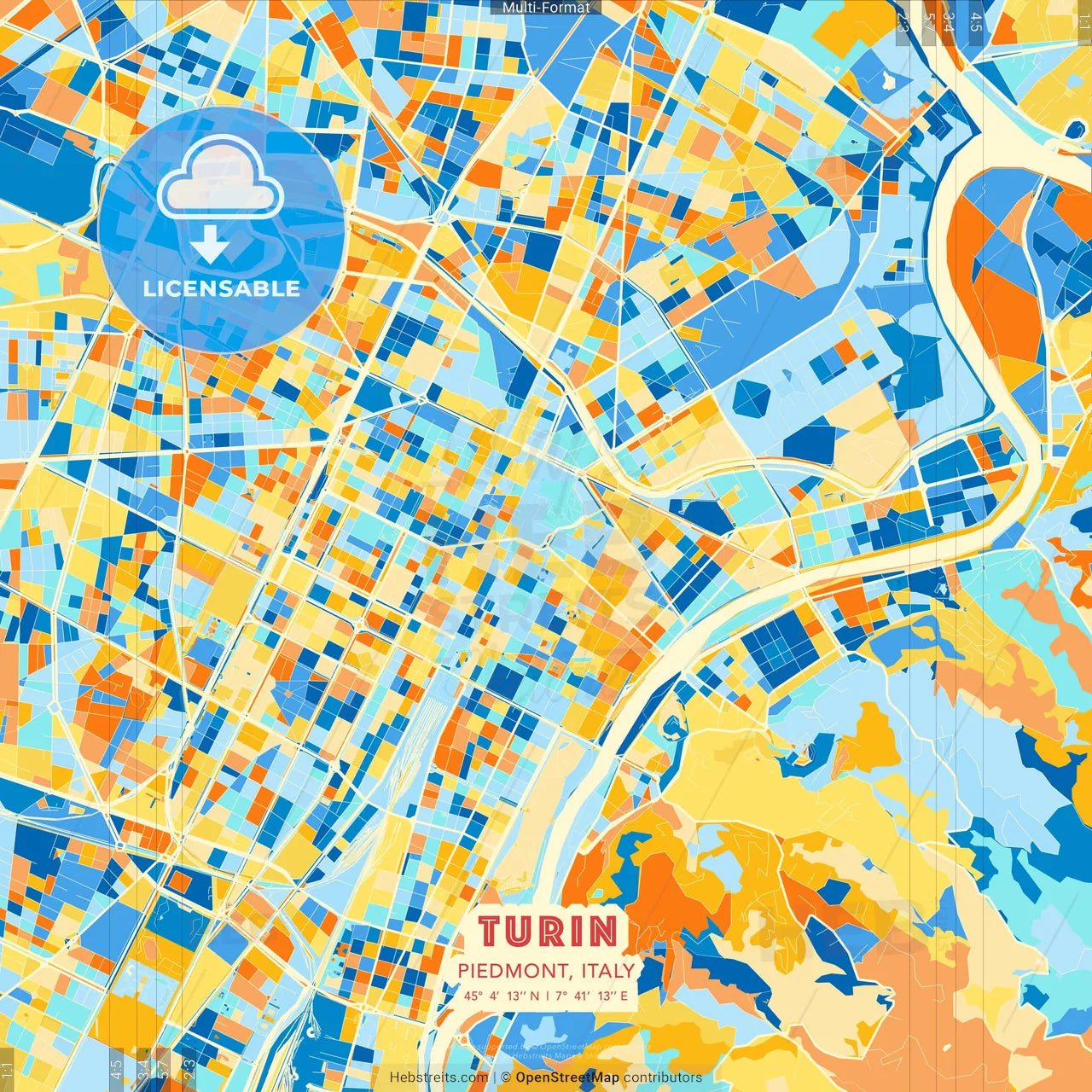 Turin, Piedmont, Italy blue and orange vector art map template