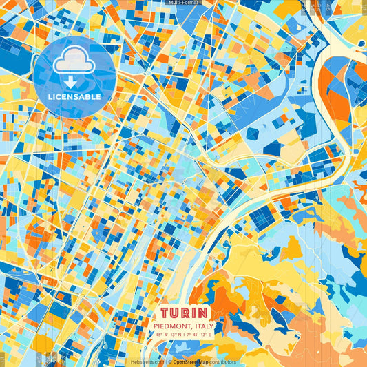 Turin, Piedmont, Italy blue and orange vector art map template
