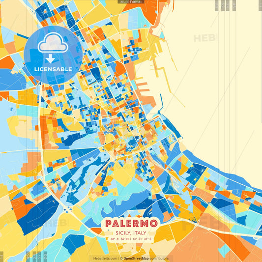 Palermo, Sicily, Italy blue and orange vector art map template
