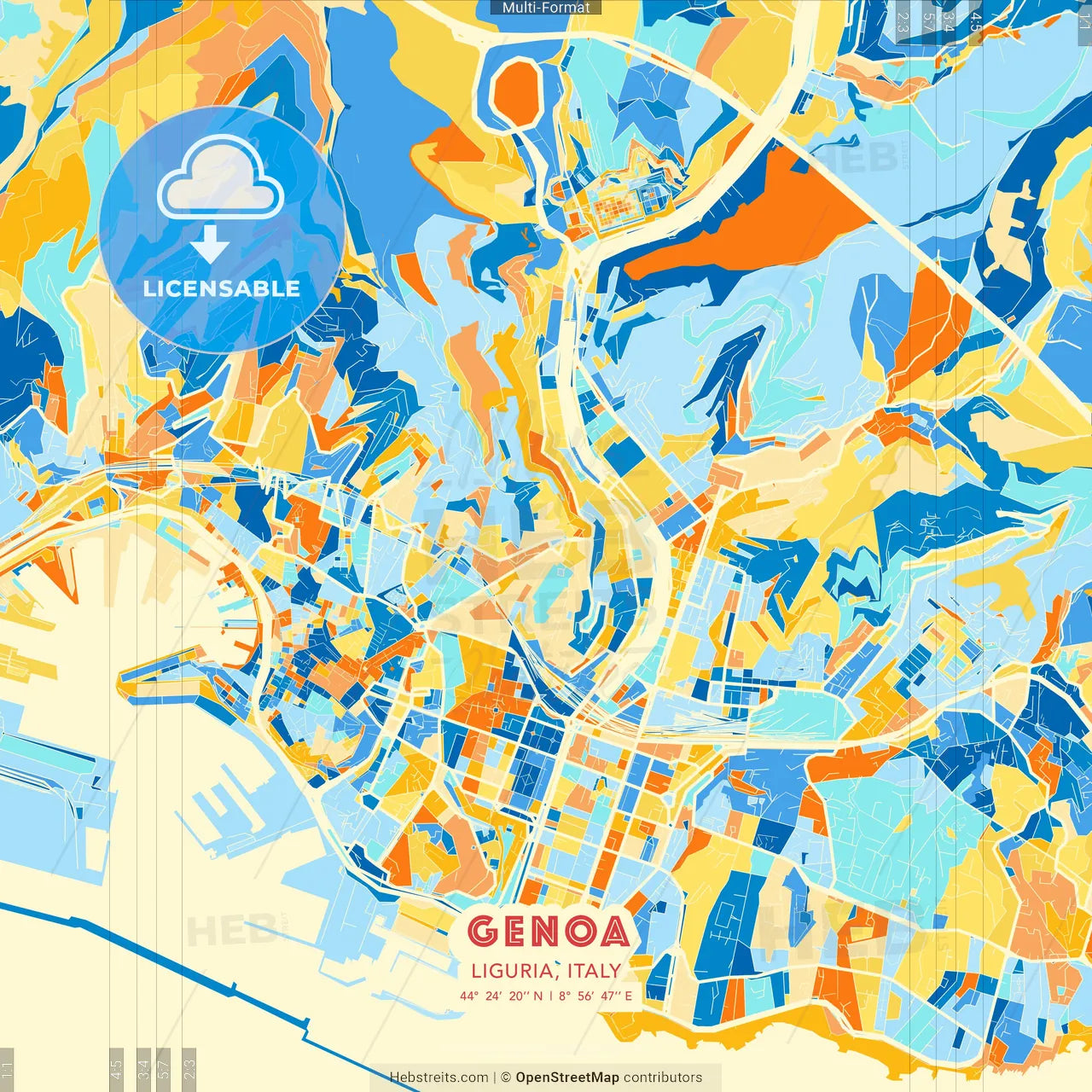 Genoa, Liguria, Italy blue and orange vector art map template