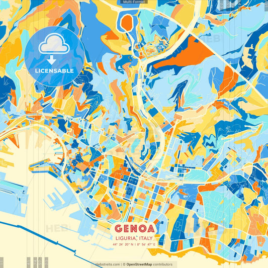Genoa, Liguria, Italy blue and orange vector art map template