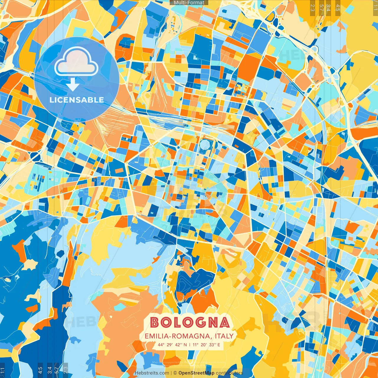 Bologna, Emilia-Romagna, Italy blue and orange vector art map template