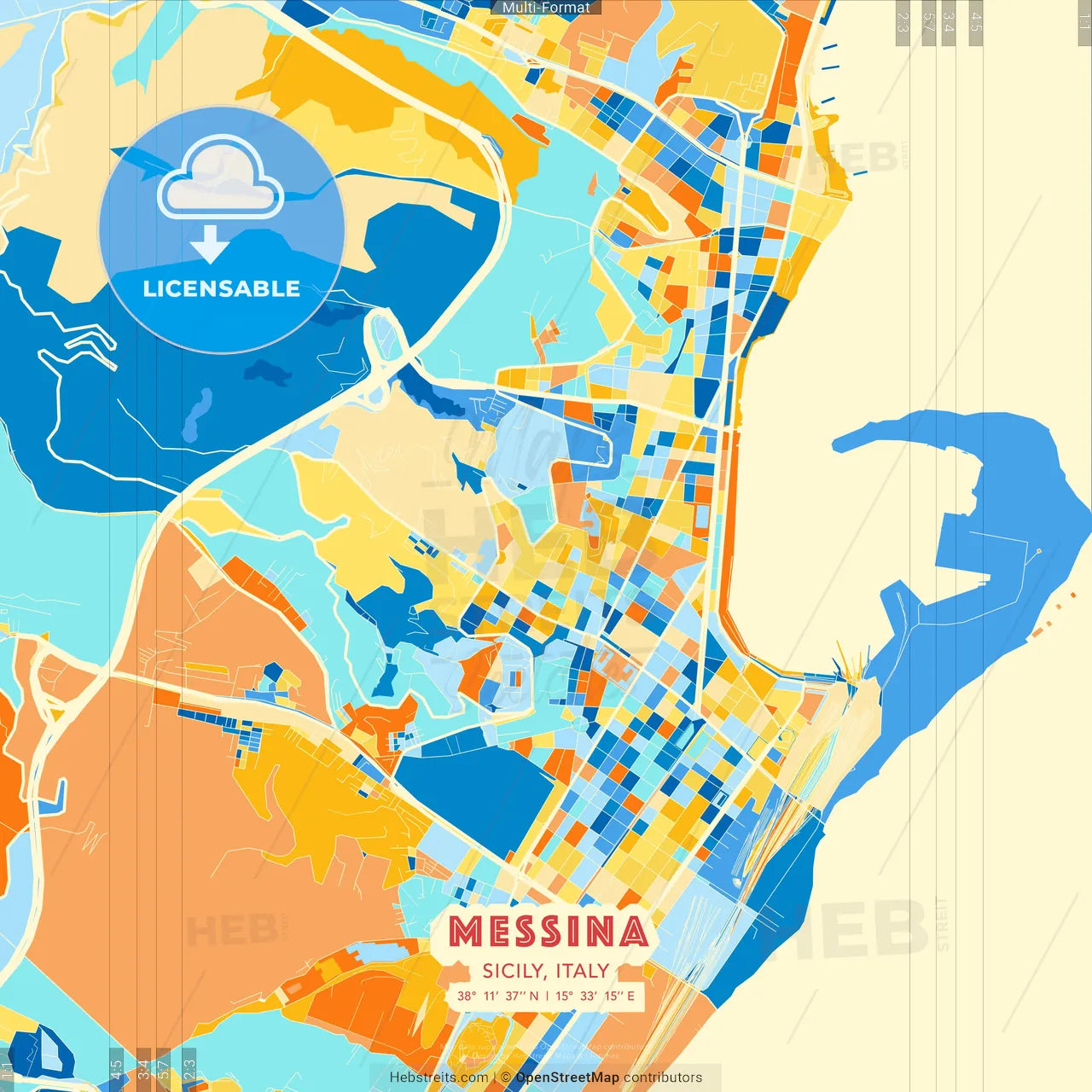 Messina, Sicily, Italy blue and orange vector art map template