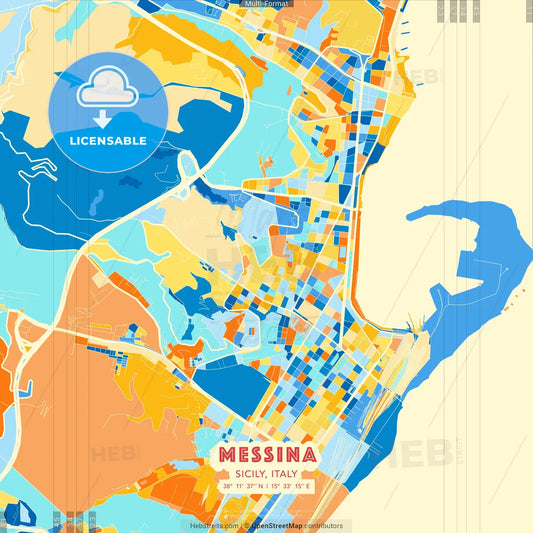 Messina, Sicily, Italy blue and orange vector art map template
