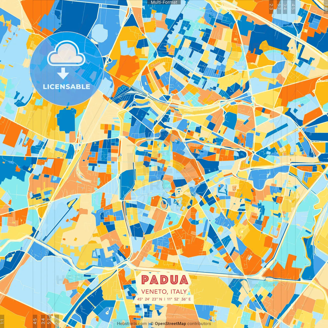 Padua, Veneto, Italy blue and orange vector art map template