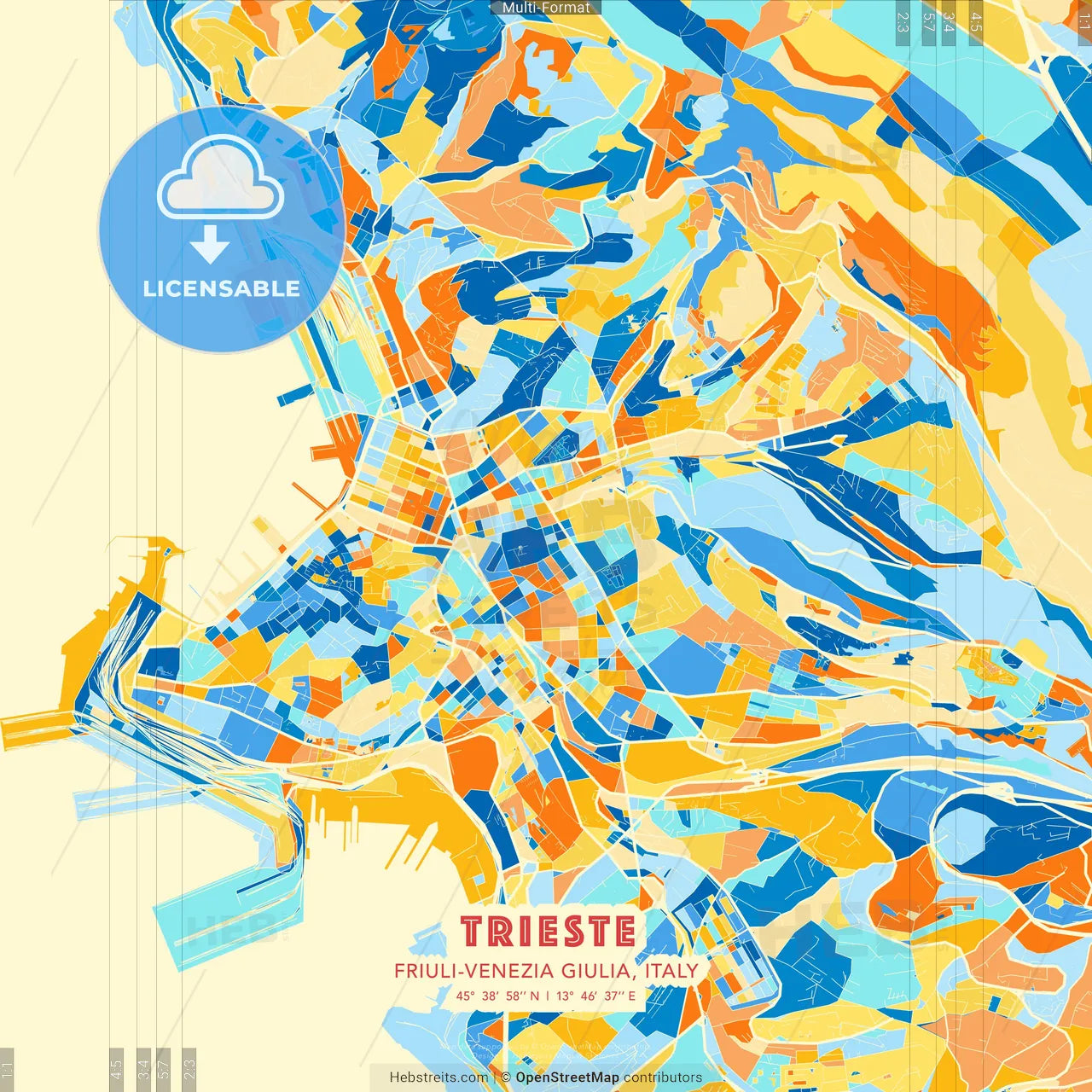 Trieste, Friuli-Venezia Giulia, Italy blue and orange vector art map template