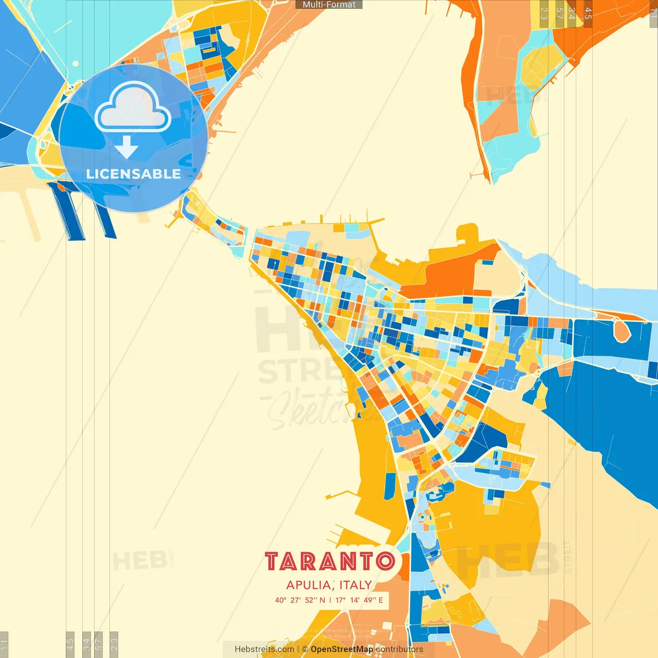 Taranto, Apulia, Italy blue and orange vector art map template