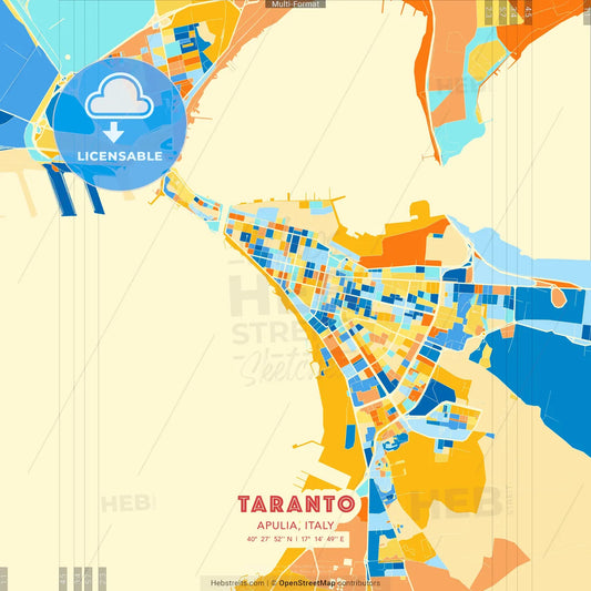 Taranto, Apulia, Italy blue and orange vector art map template