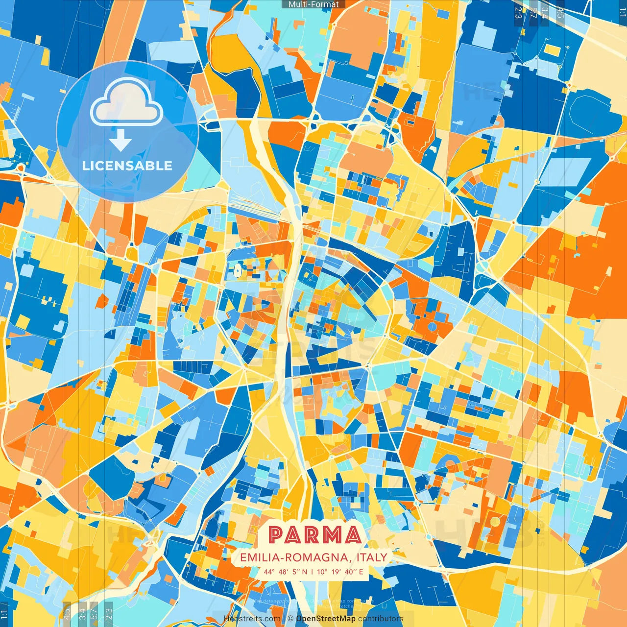 Parma, Emilia-Romagna, Italy blue and orange vector art map template