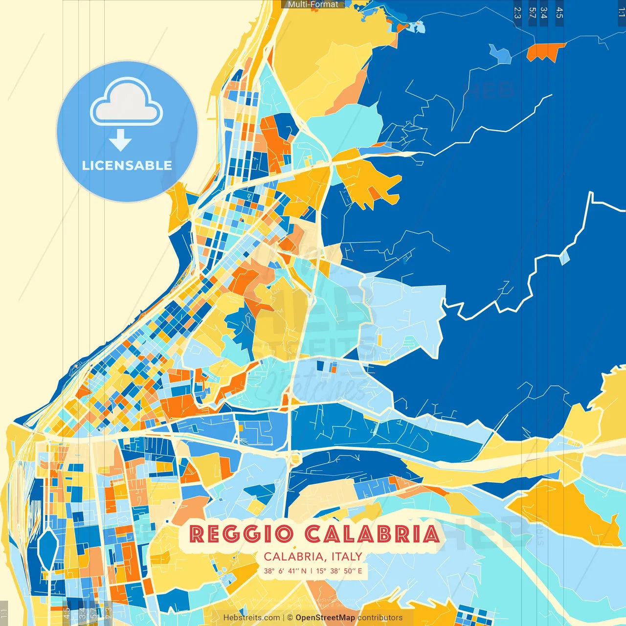 Reggio Calabria, Calabria, Italy blue and orange vector art map template