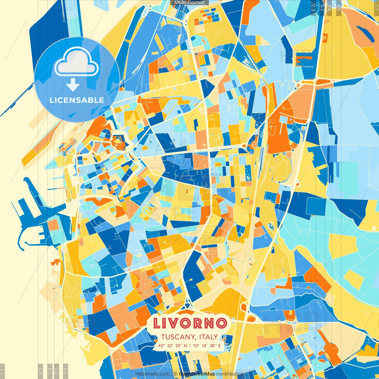 Livorno, Tuscany, Italy blue and orange vector art map template