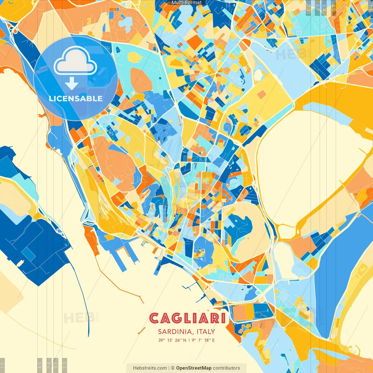 Cagliari, Sardinia, Italy blue and orange vector art map template