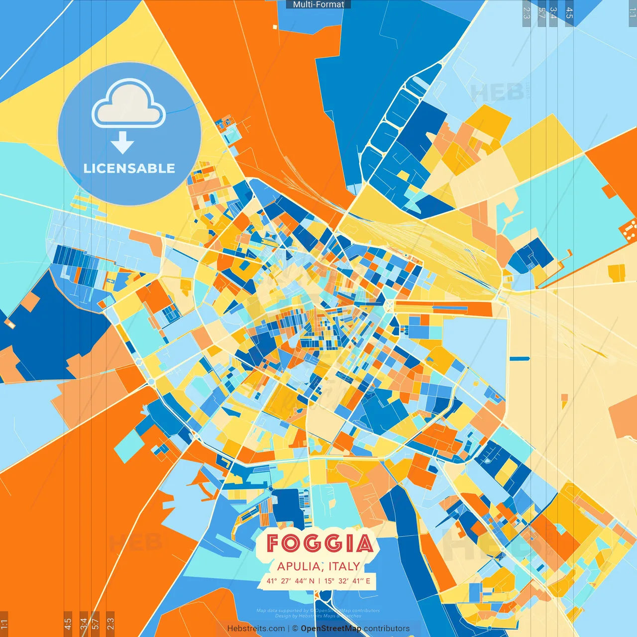 Foggia, Apulia, Italy blue and orange vector art map template