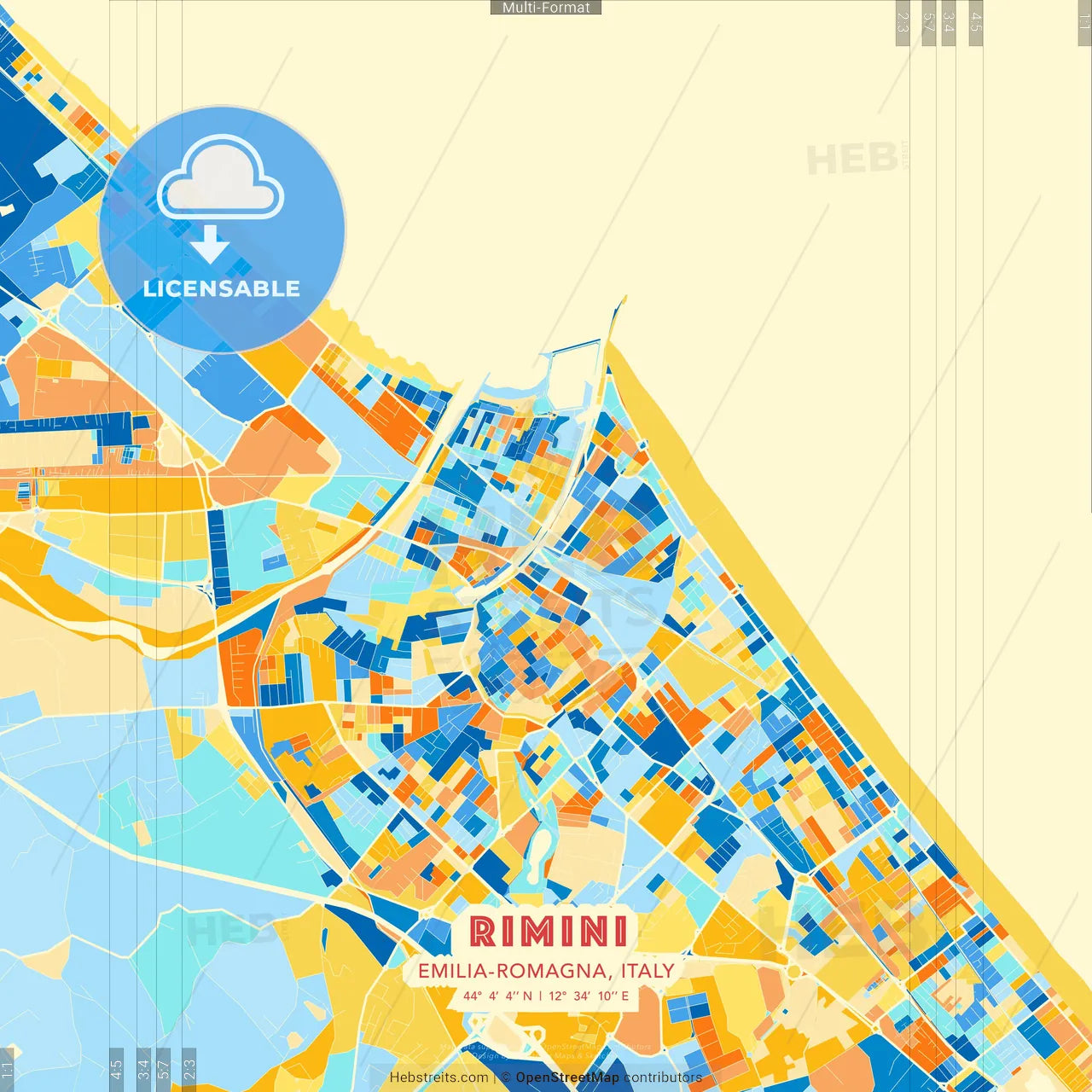 Rimini, Emilia-Romagna, Italy blue and orange vector art map template