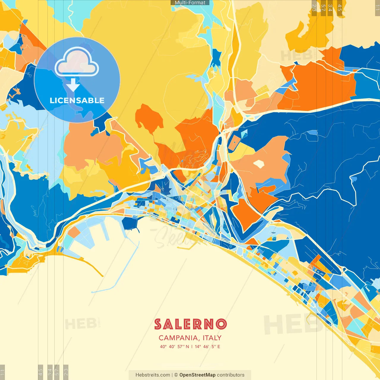 Salerno, Campania, Italy blue and orange vector art map template