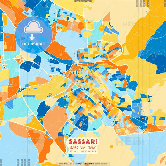 Sassari, Sardinia, Italy blue and orange vector art map template