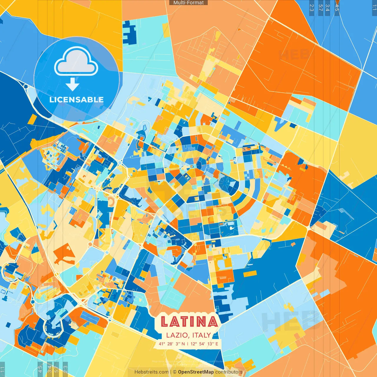 Latina, Lazio, Italy blue and orange vector art map template