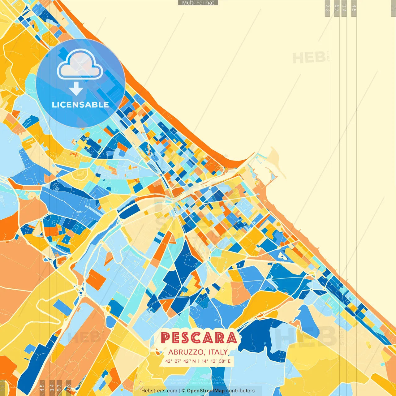 Pescara, Abruzzo, Italy blue and orange vector art map template