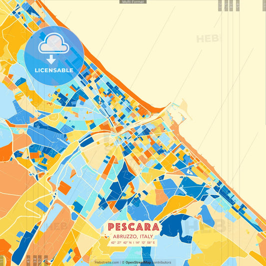 Pescara, Abruzzo, Italy blue and orange vector art map template