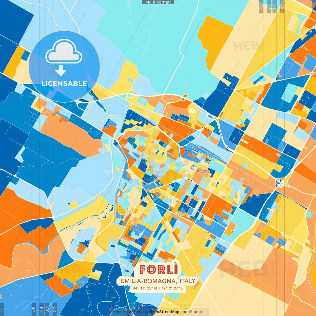 Forlì, Emilia-Romagna, Italy blue and orange vector art map template