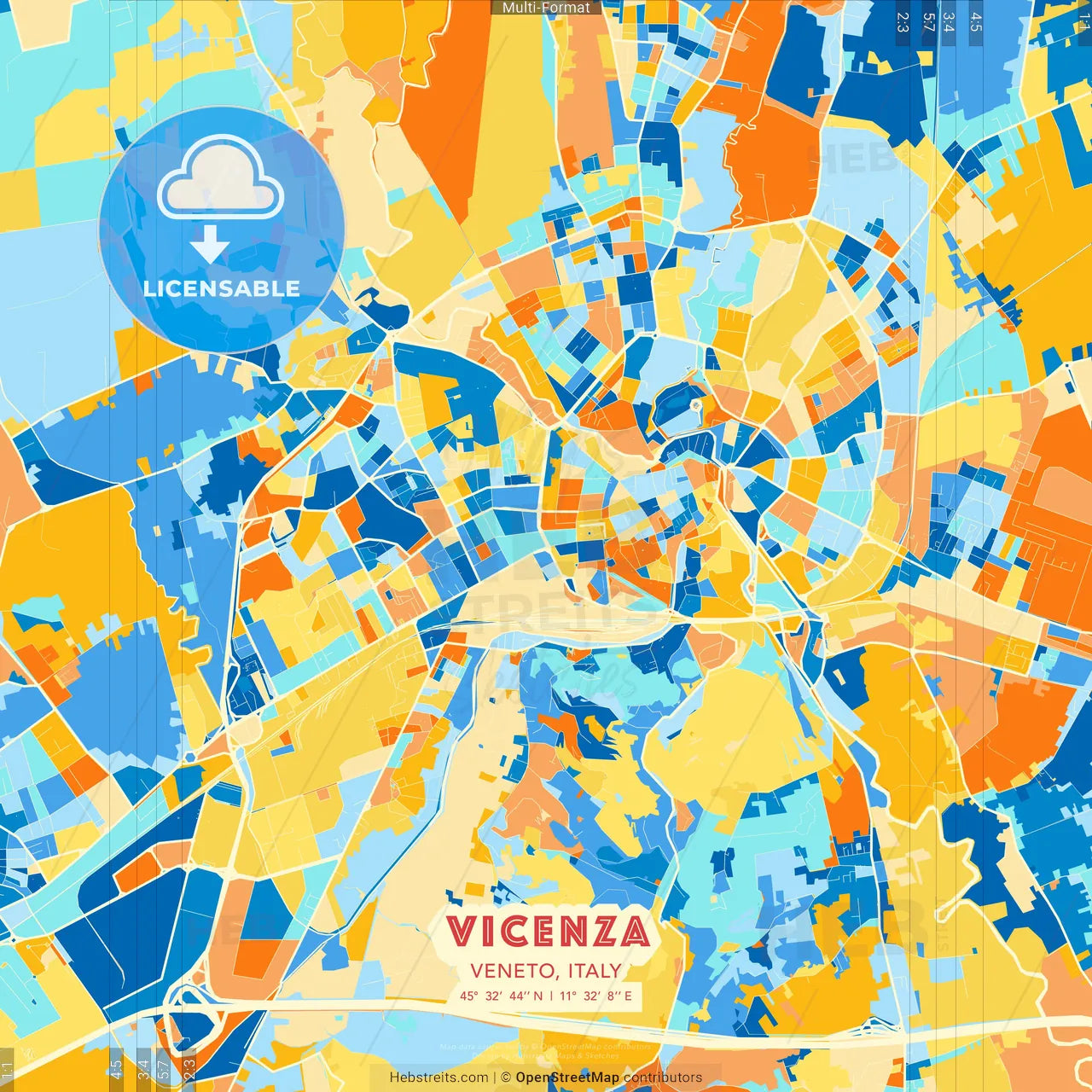 Vicenza, Veneto, Italy blue and orange vector art map template