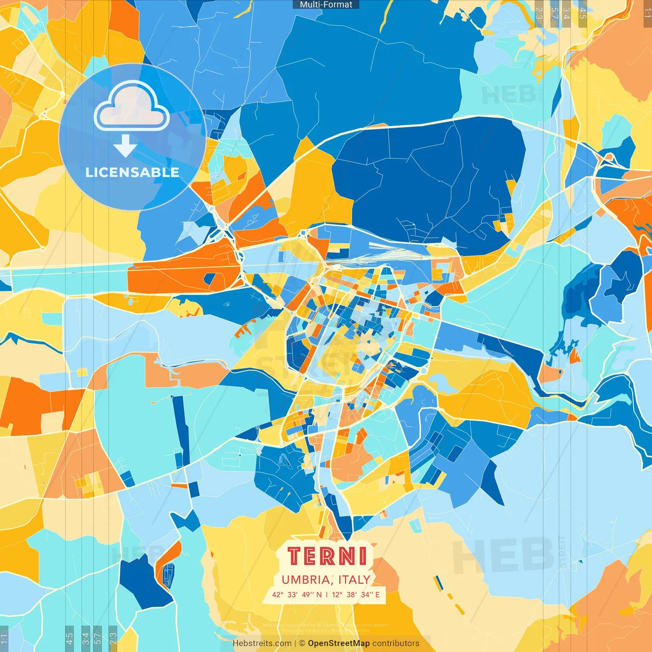 Terni, Umbria, Italy blue and orange vector art map template