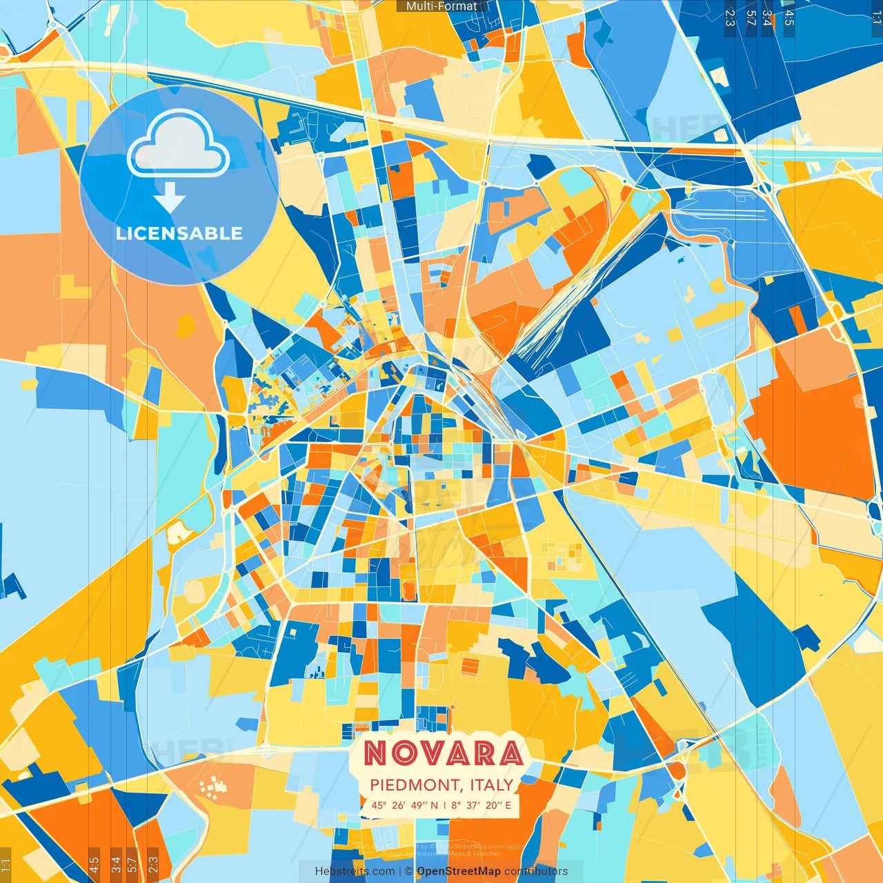 Novara, Piedmont, Italy blue and orange vector art map template