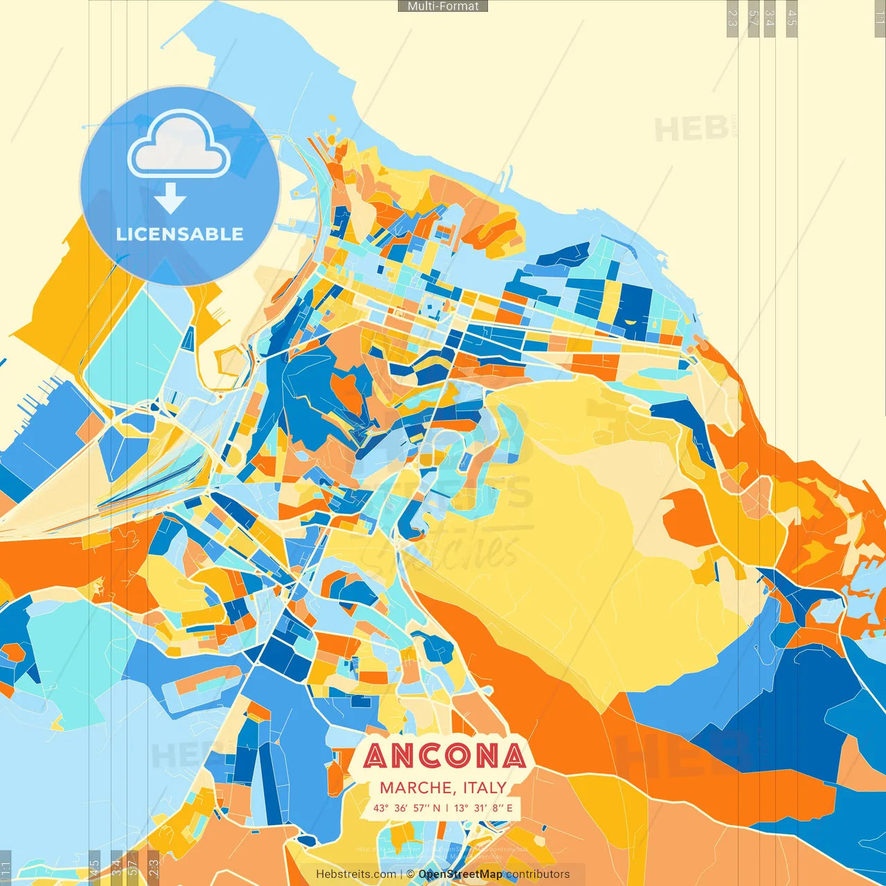 Ancona, Marche, Italy blue and orange vector art map template