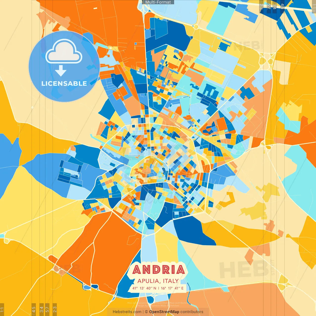 Andria, Apulia, Italy blue and orange vector art map template
