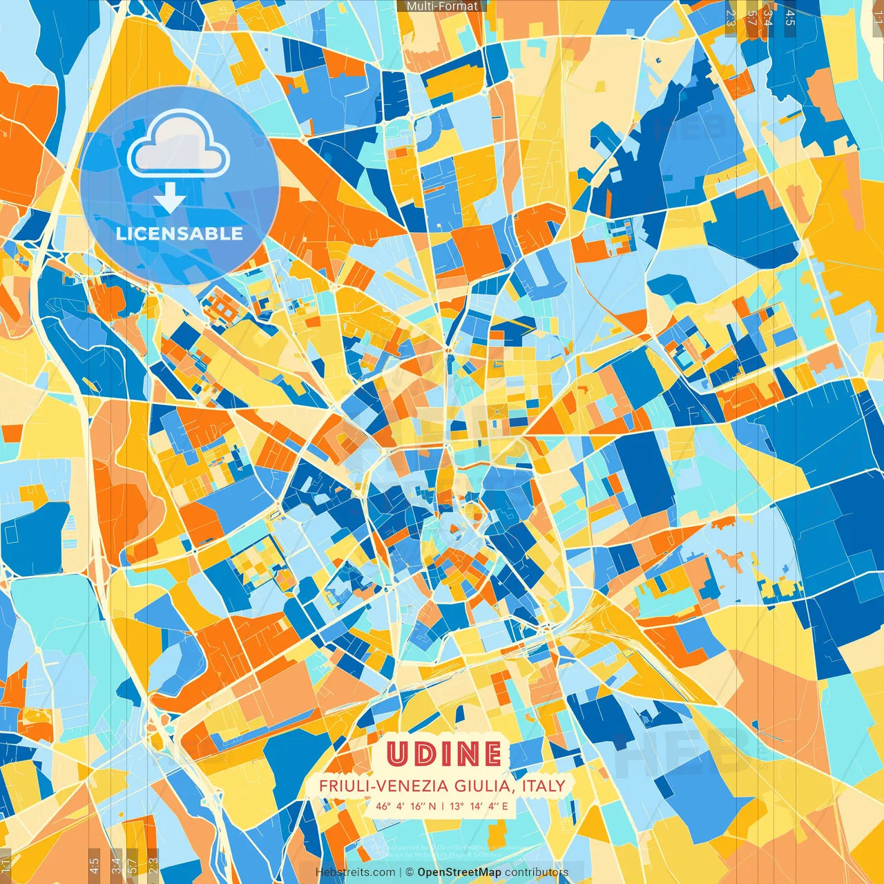 Udine, Friuli-Venezia Giulia, Italy blue and orange vector art map template