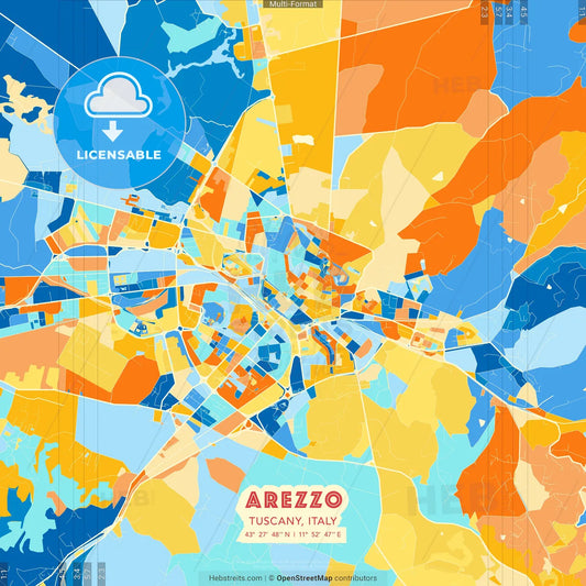 Arezzo, Tuscany, Italy blue and orange vector art map template