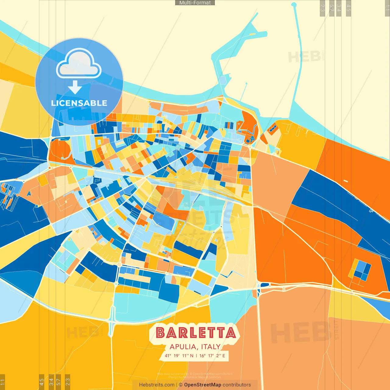 Barletta, Apulia, Italy blue and orange vector art map template
