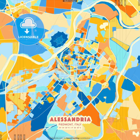 Alessandria, Piedmont, Italy blue and orange vector art map template