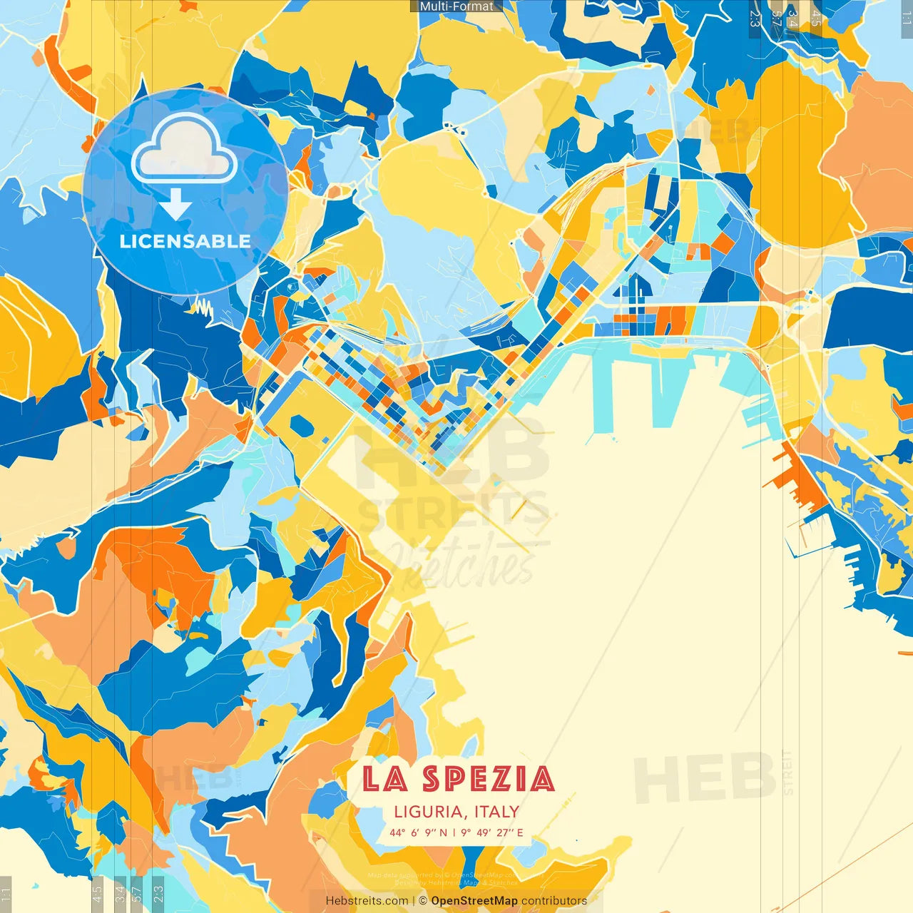 La Spezia, Liguria, Italy blue and orange vector art map template