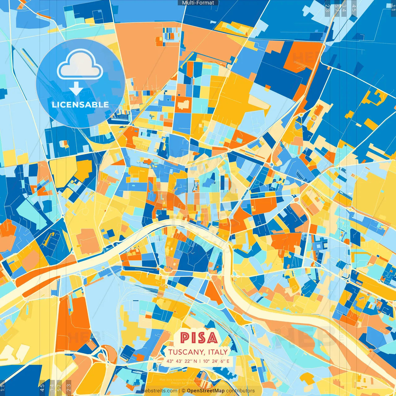 Pisa, Tuscany, Italy blue and orange vector art map template