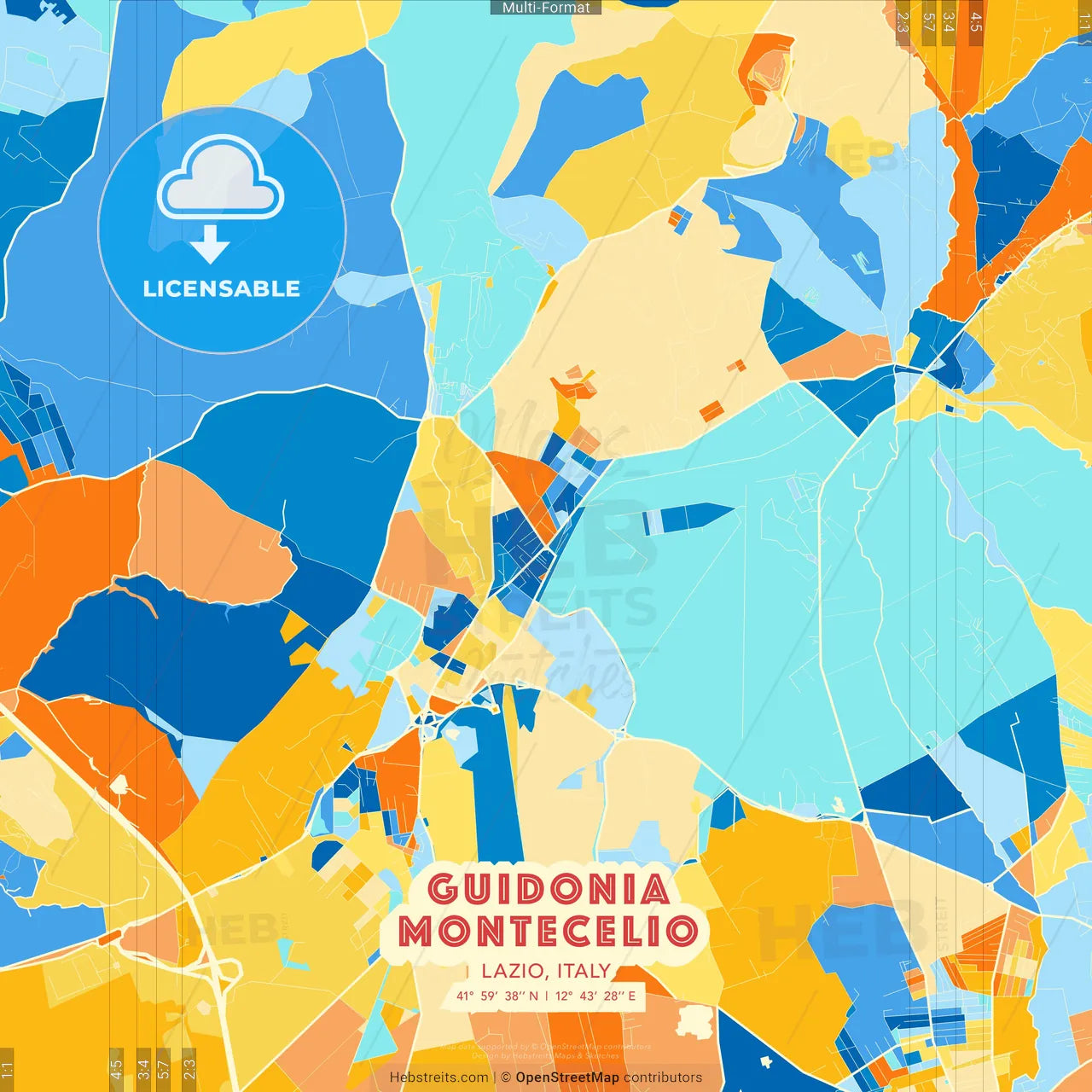 Guidonia Montecelio, Lazio, Italy blue and orange vector art map template