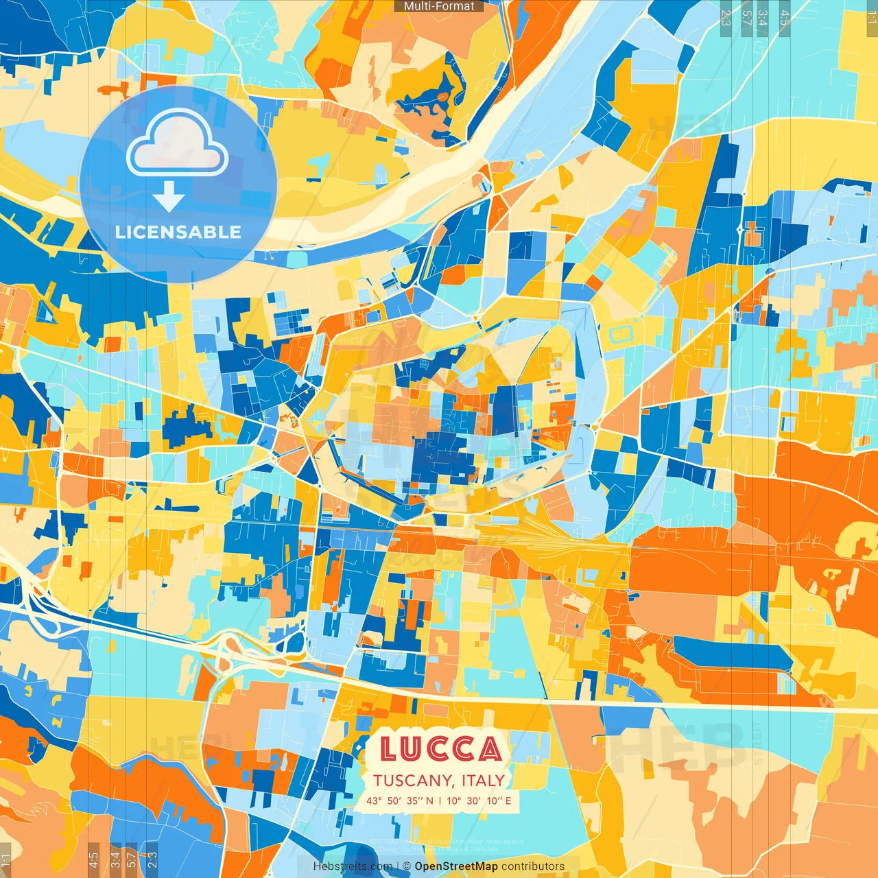 Lucca, Tuscany, Italy blue and orange vector art map template