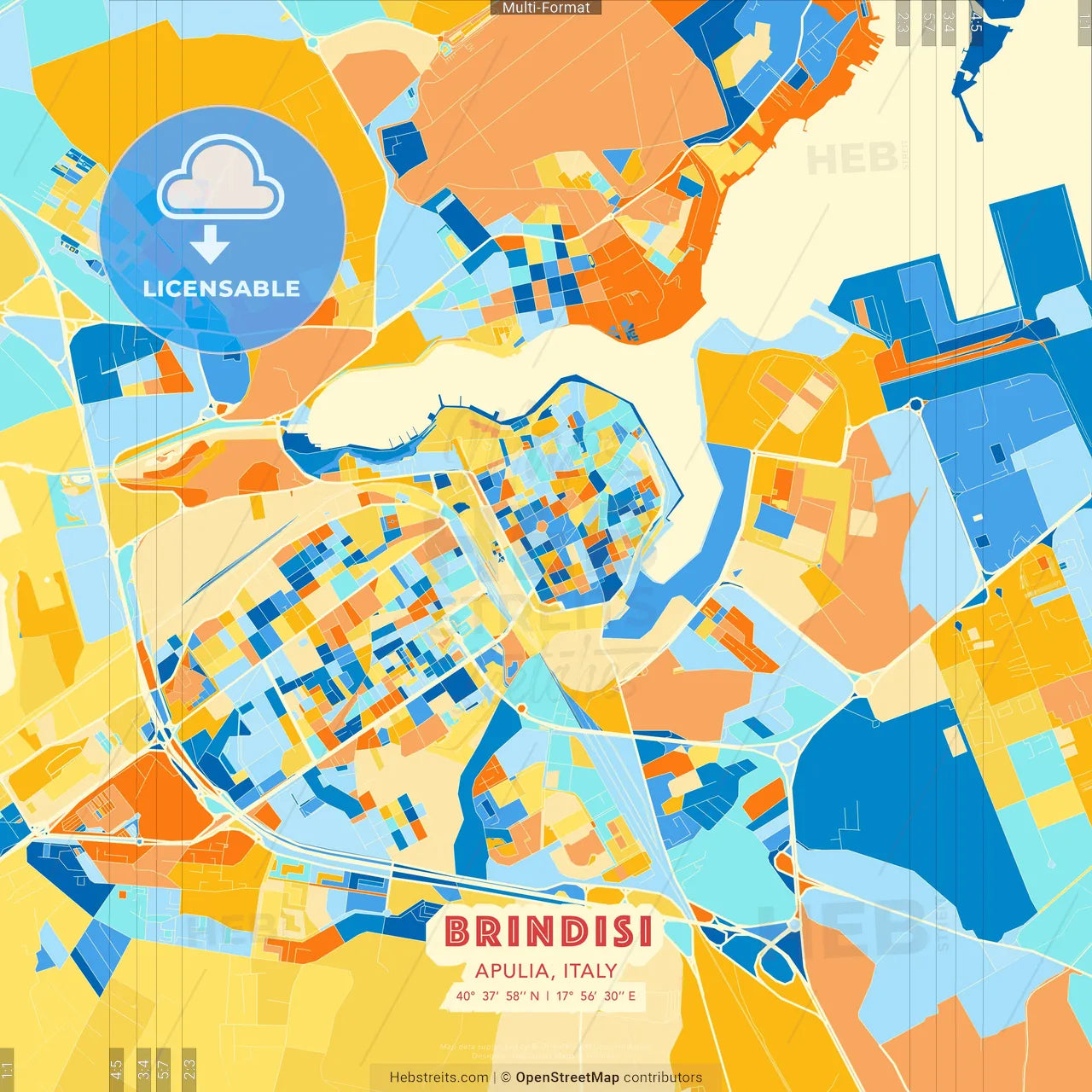 Brindisi, Apulia, Italy blue and orange vector art map template
