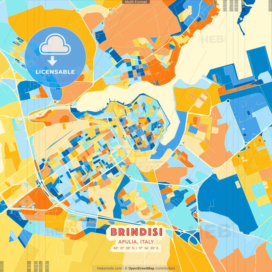 Brindisi, Apulia, Italy blue and orange vector art map template